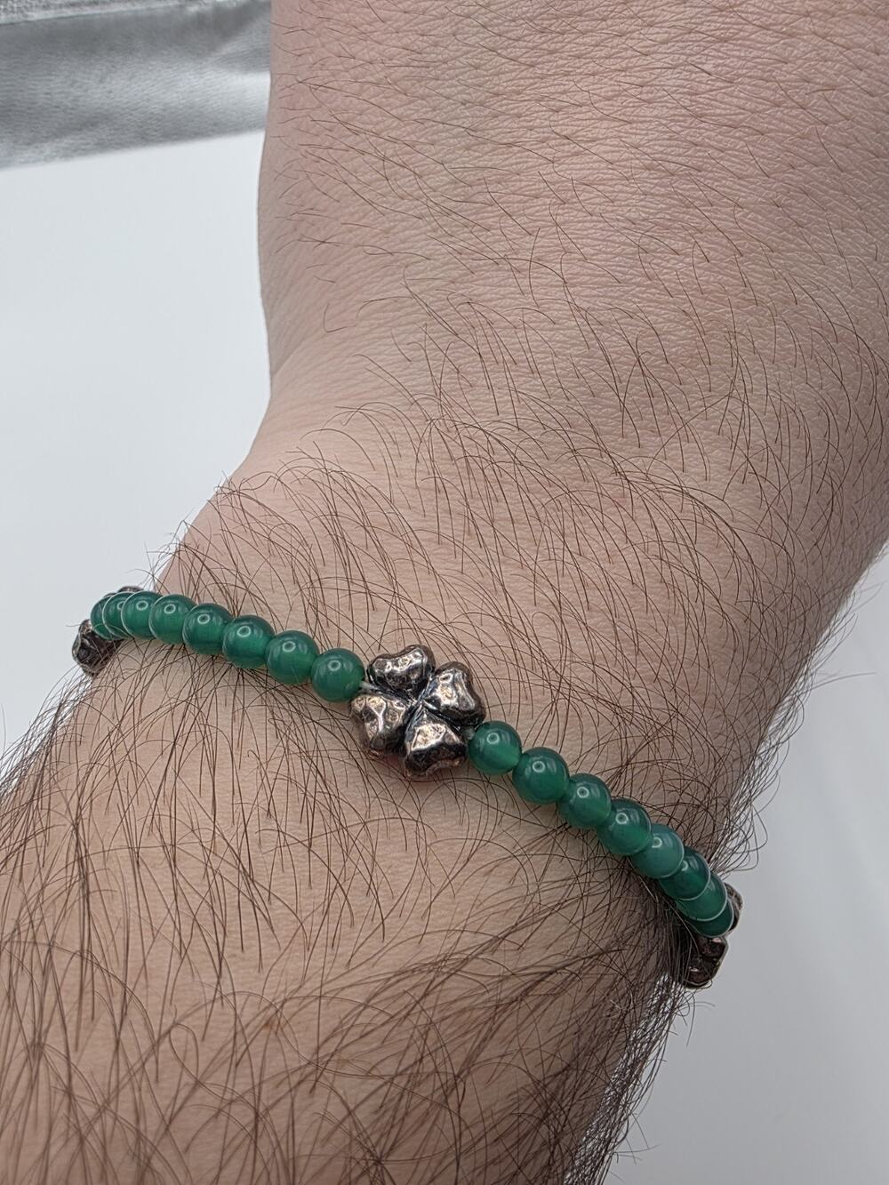 JAI Sterling Silver Green Agate Bead Clover Bracelet 9 Inch